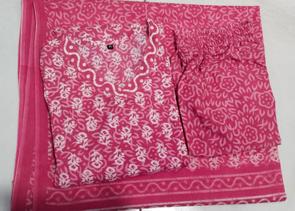 Pink Printed Cotton Suit Set with Kurti, Pant, and Dupatta
