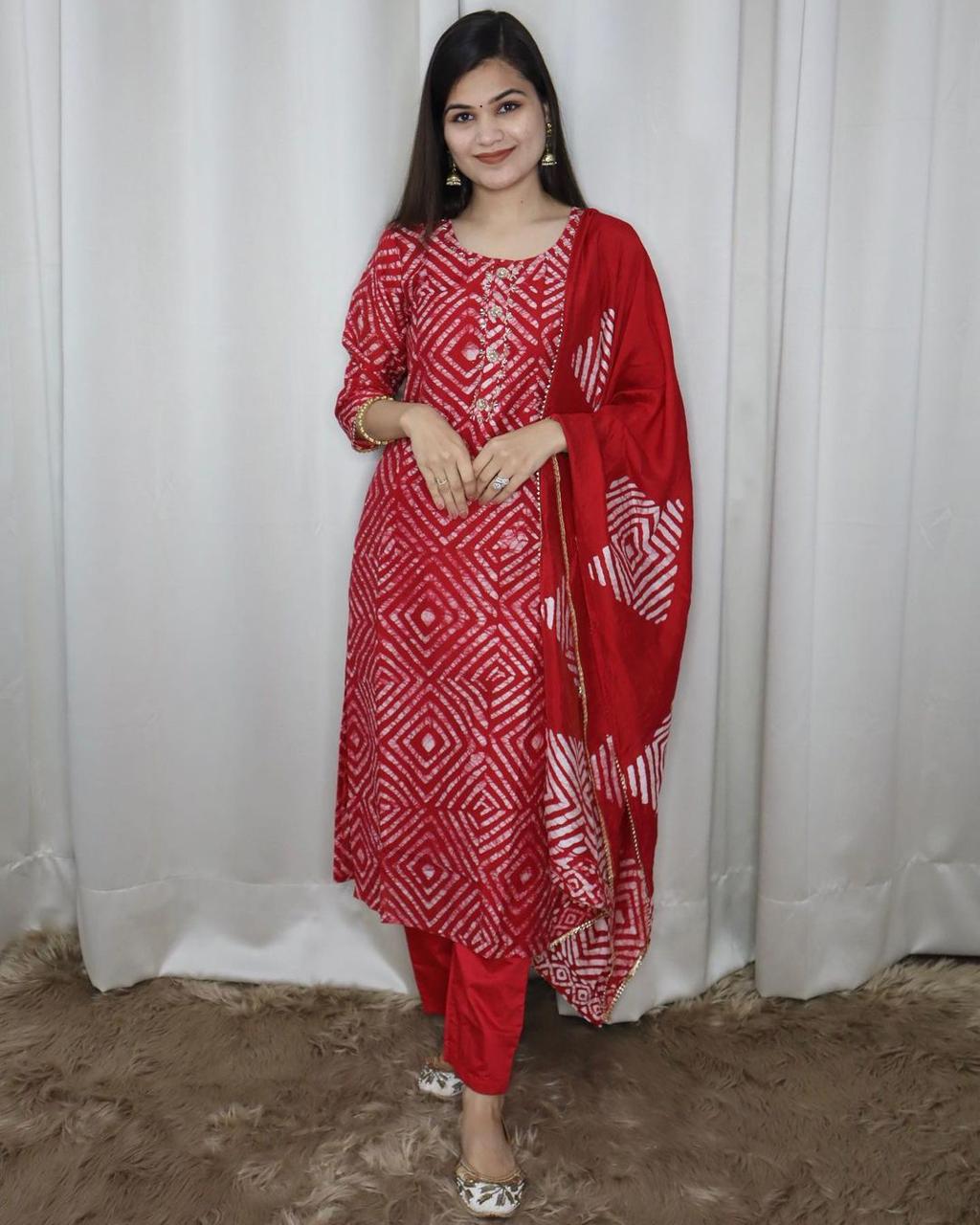 Red Embroidered Naira Kurti With Dupatta Set