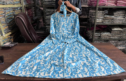 Sky Blue Tie and Dye Long Dress with All-Round Gather & Puffed Sleeves