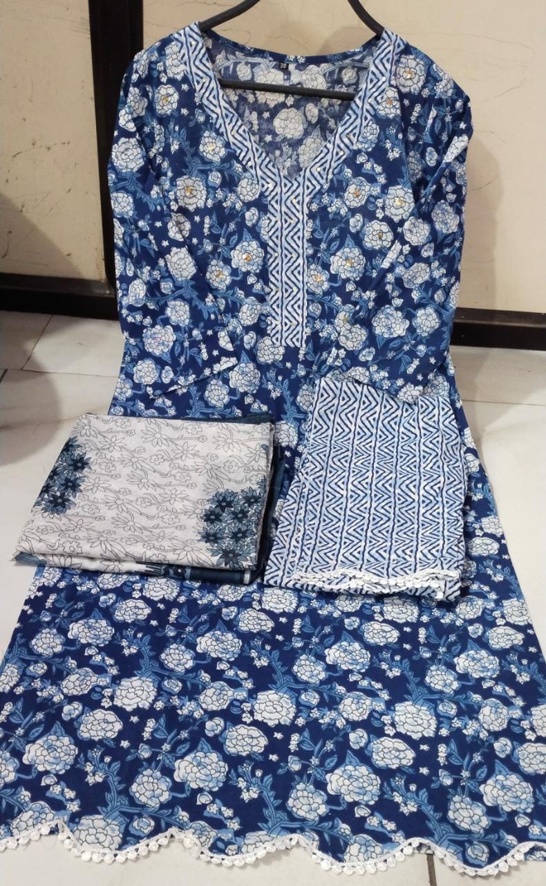 Blue 3-Piece Cotton Suit Set with Printed Work and Chicken Lace