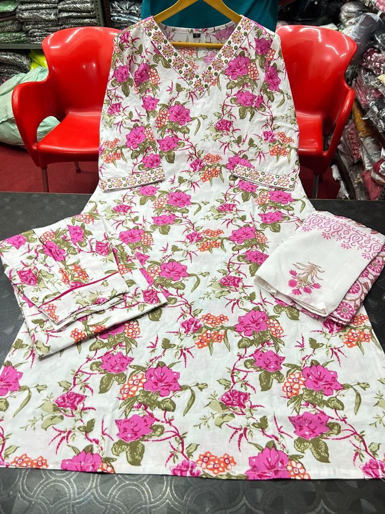 White and Pink Sanganeri Block Print Kurta Set with Afghani Pant