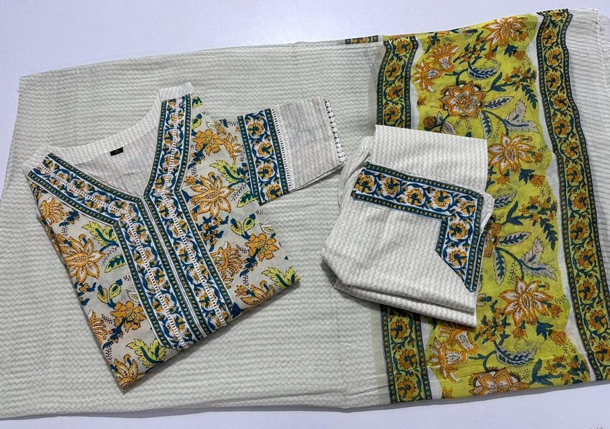 Cotton 3-Piece Suit Set with Printed Kurti, Pant, and Dupatta