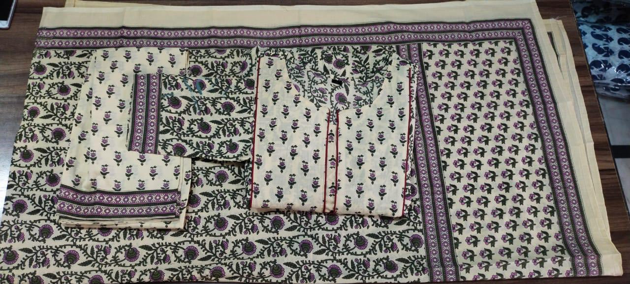 Hand Block Print Cotton Kurta Pant Set with Dupatta