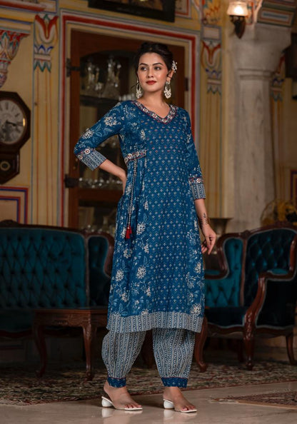 Navy Blue Floral Afghani Suit Set with Embroidery and Tassels