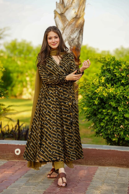 Cotton Lahariya Angrakha Anarkali Suit with Chudi Sleeves
