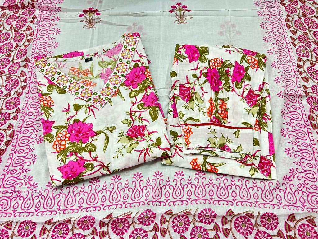Sanganeri Block Print Cotton Kurta Set with Afghani Pant and Embroidery
