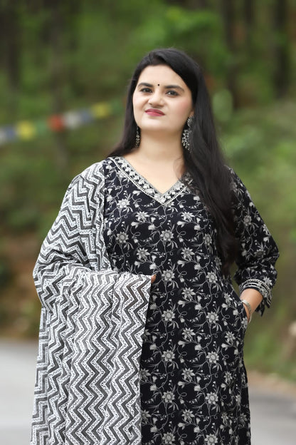 Sanganeri: Black Cotton Kurta Set with Afghani Pant and Embroidery