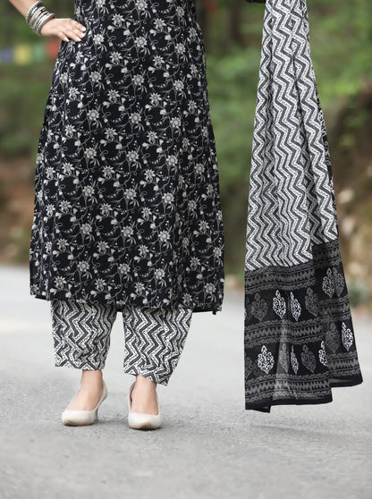 Sanganeri: Black Cotton Kurta Set with Afghani Pant and Embroidery