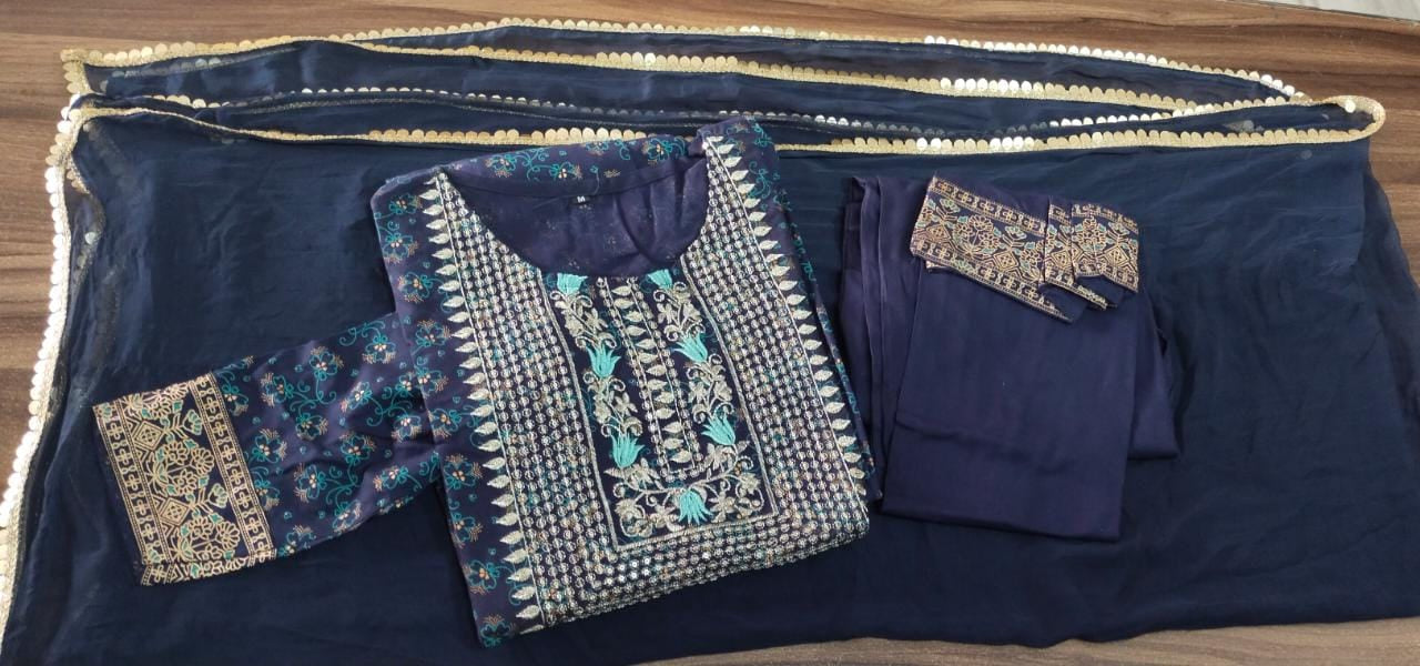 Rayon Embroidered Naira Cut Kurti with Pant & Dupatta - Fully Stitched