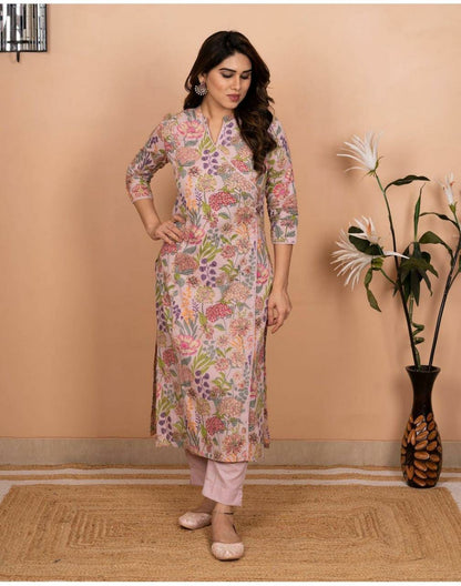 Cotton Angrakha Style Kurta and Pant Set with Sequin and Crochet Lace Work