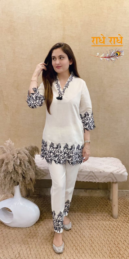 White Rayon Co-Ord Set with Cutwork Embroidery