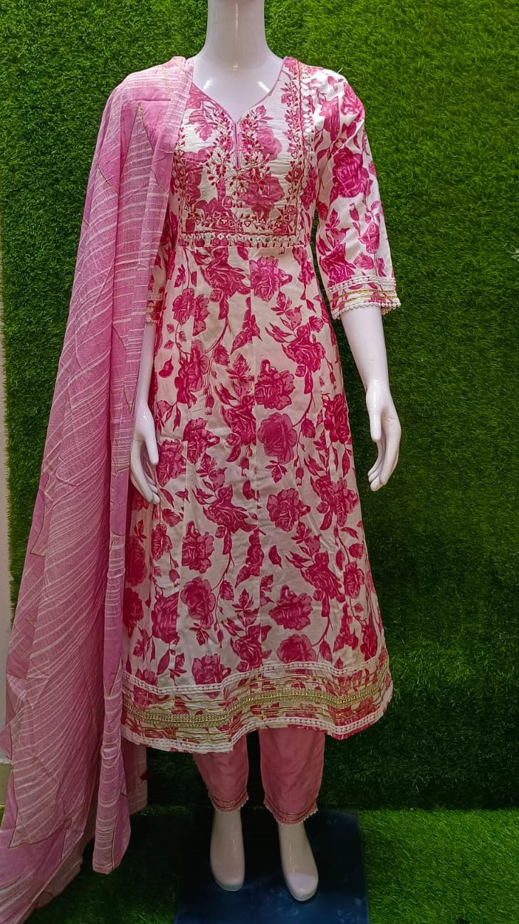 Rayon Kurti with Mirror Embroidery, Cotton Lace, and Tussle Dupatta Set