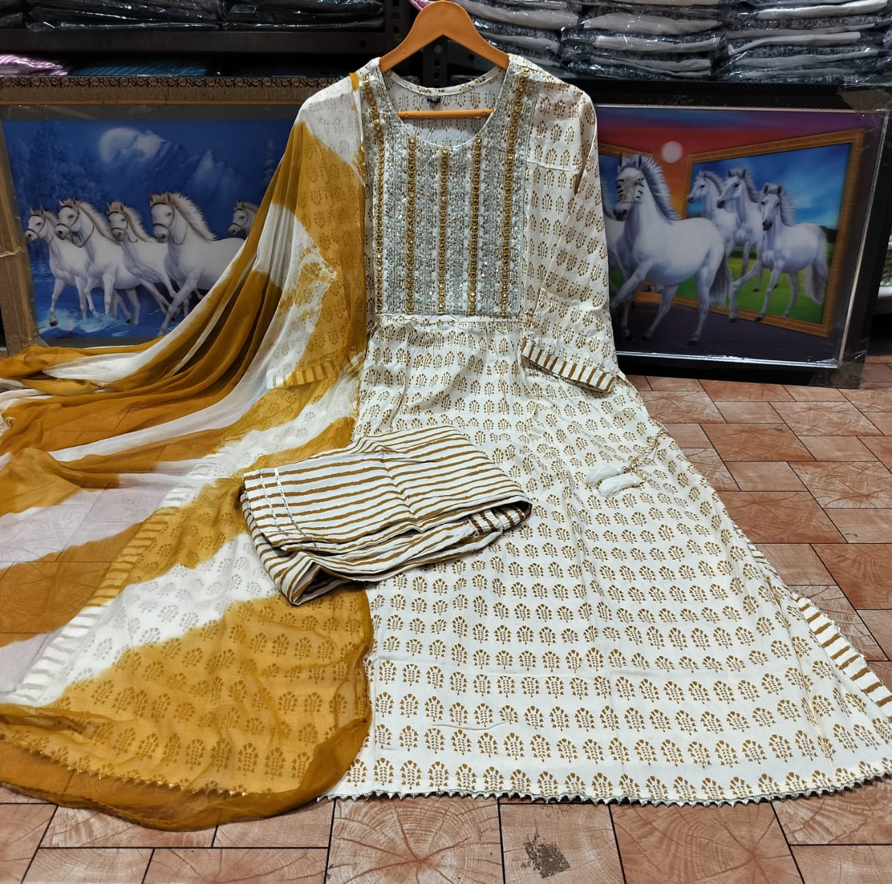 Rayon Printed Kurti with Embroidery, Pant, and Shion Dupatta Set