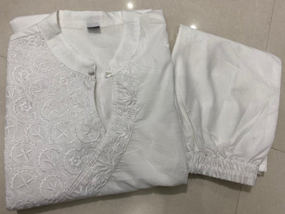 White Cotton Kurti with Embroidery and Pant Set