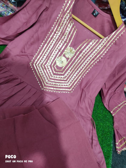 Rayon Kurti with Gota Embellishments, paired with Sharara and Nazmeen Dupatta