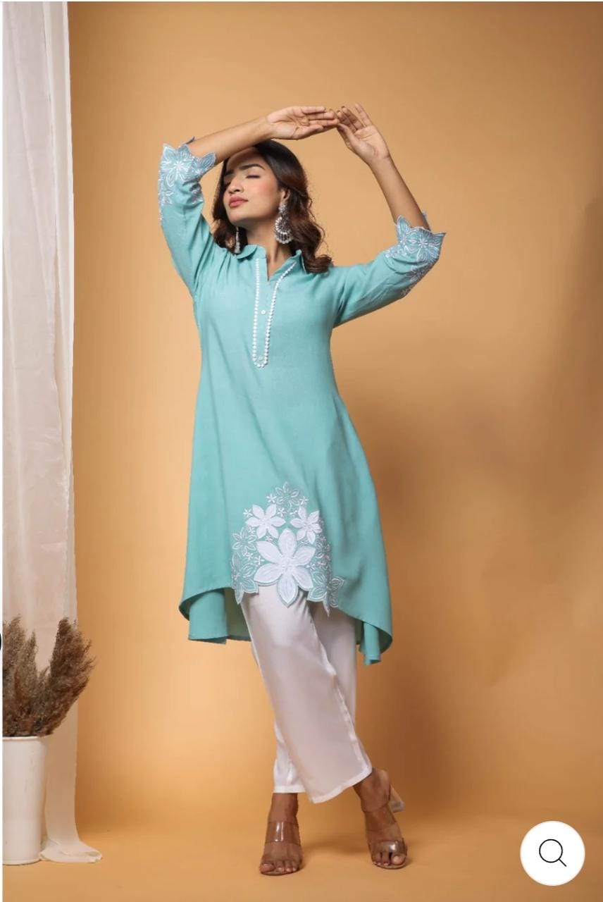 Rayon Kurti Set with Hand Embroidery and Lace Detailing