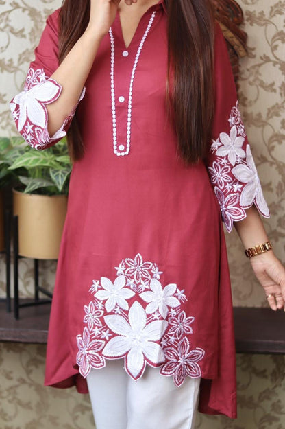Rayon Kurti Set with Hand Embroidery and Lace Detailing