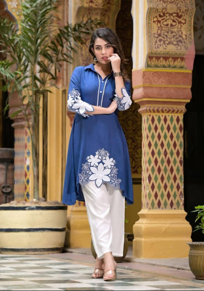 Rayon Kurti Set with Hand Embroidery and Lace Detailing
