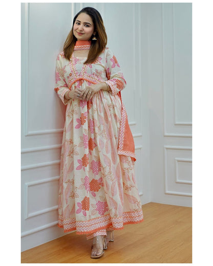 Floral Anarkali Suit Set with Matching Pant and Dupatta