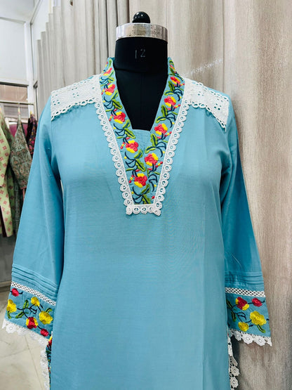 Rayon Kurta Set with Embroidery and Lace Details