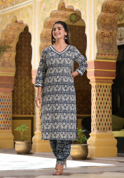 Cotton Suit Set with Embroidered Neck Kurti and Afghani Pant