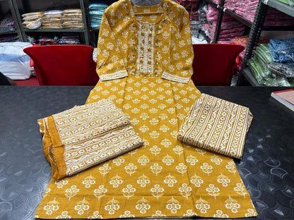 Sanganeri Block Print Cotton Kurta Set with Adda Work Detailing