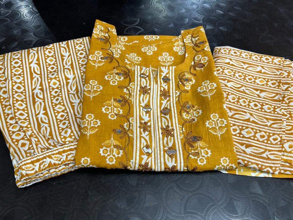 Sanganeri Block Print Cotton Kurta Set with Adda Work Detailing