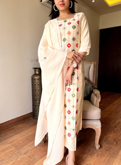 Cream Cotton Resham Embroidery Sequence Suit Set with Self-Zari Dupatta