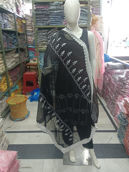 Embroidered Rayon Black Kurti Pant and Dupatta Set