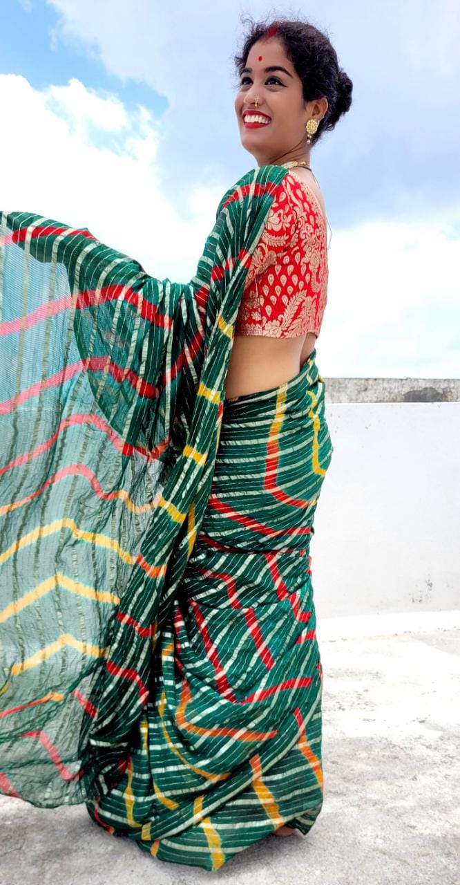 Jaipuri Lehriya Saree with Jhorjt Fabric and Contrast Blouse