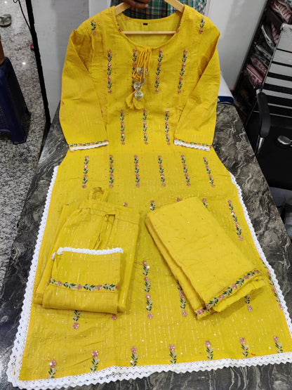Cotton Lurex Kurti with Embroidery, Pant, and Nazmin Dupatta Set