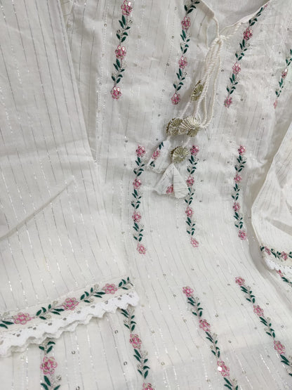 Cotton Lurex Kurti with Embroidery, Pant, and Nazmin Dupatta Set