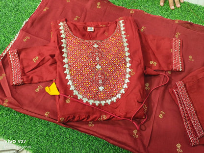 Red Embroidered Rayon Kurti Set with Mulmul Dupatta
