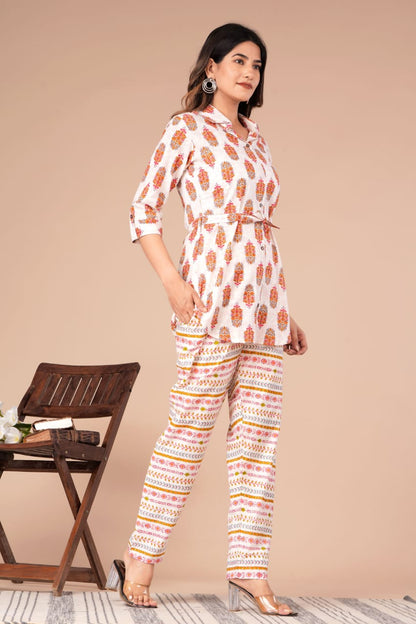 Cord Set: Shirt-style top with Belt and Cotton Pant