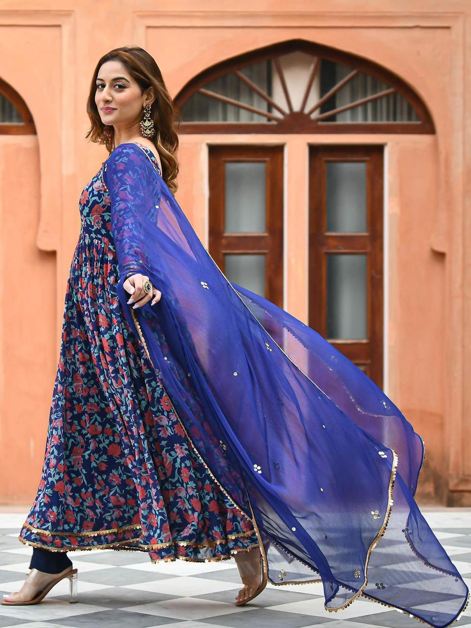 Blue Rayon Printed Long Gown Kurti Set with Pant and Dupatta