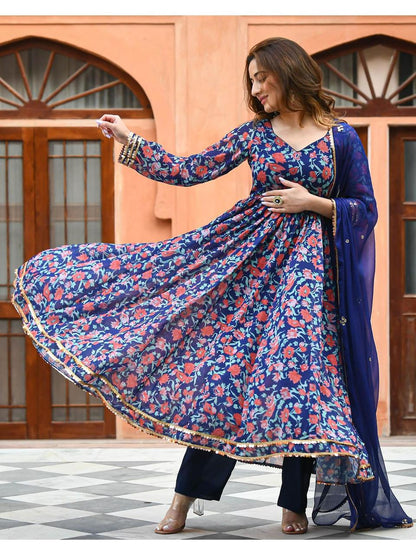 Blue Rayon Printed Long Gown Kurti Set with Pant and Dupatta