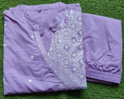 Lavender Monochrome Cotton Kurta Pant Set with Thread Embroidery