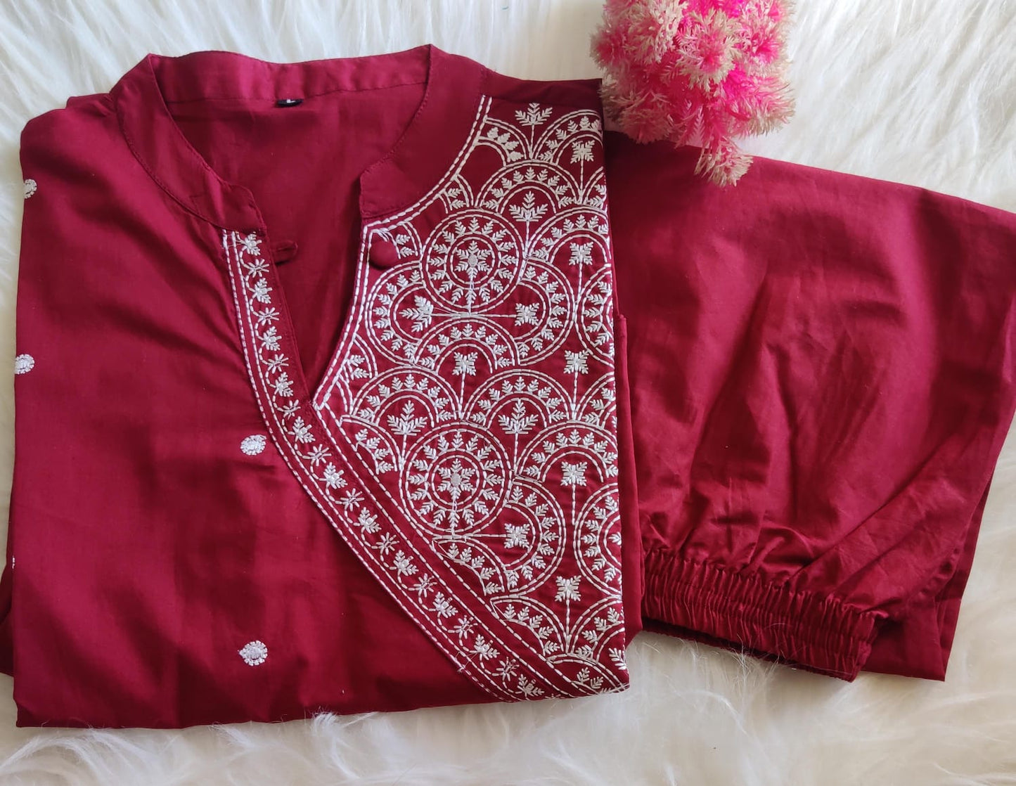 Maroon Monochrome Cotton Kurta Pant Set with Thread Embroidery
