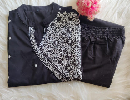 Black Cotton Kurta Pant Set with Thread Embroidery