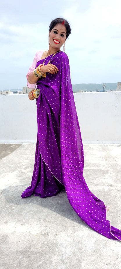 Russian Silk Bandhej Saree with Jaipuri Single Dye and Jari Bijja Border