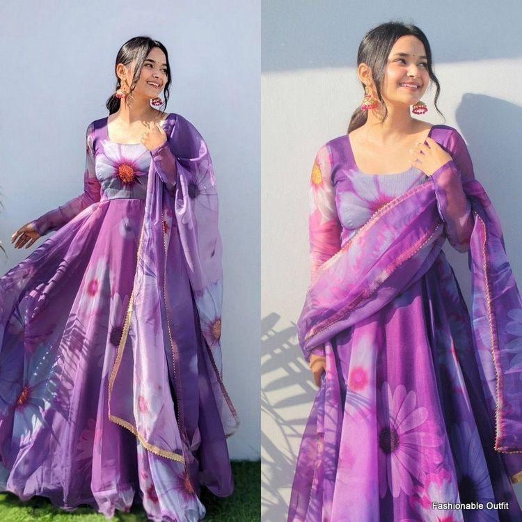 Purple Tubby Organza 2-Piece (Gown & Dupatta) Set with Picko Detailing
