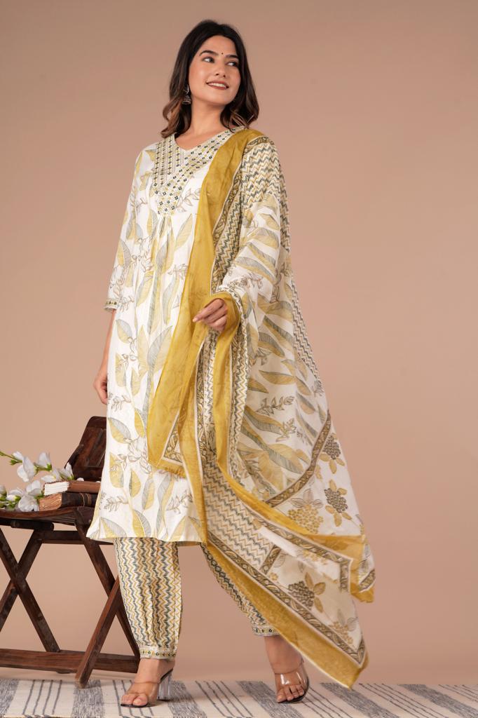 Floral Afghani Suit Set with Embroidery - Cotton 60*60