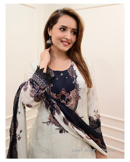 Ivory Muslin Pakistani Suit with Digital Prints and Shifli Chikankari Lace