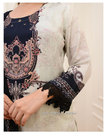 Ivory Muslin Pakistani Suit with Digital Prints and Shifli Chikankari Lace