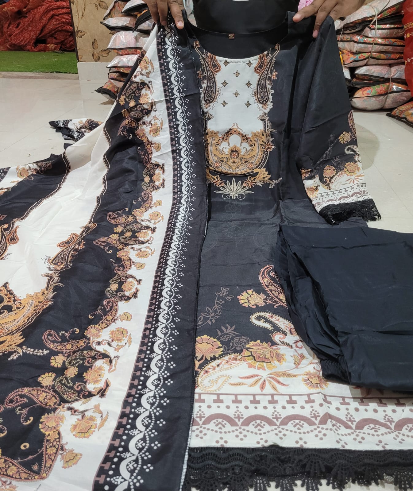 Muslin Pakistani Suit with Digital Prints and Shifli Chikankari Lace