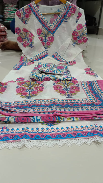 White-Pink Floral Anarkali Suit Set