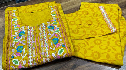 Cotton Machine Embroidery Kurta Pant Set