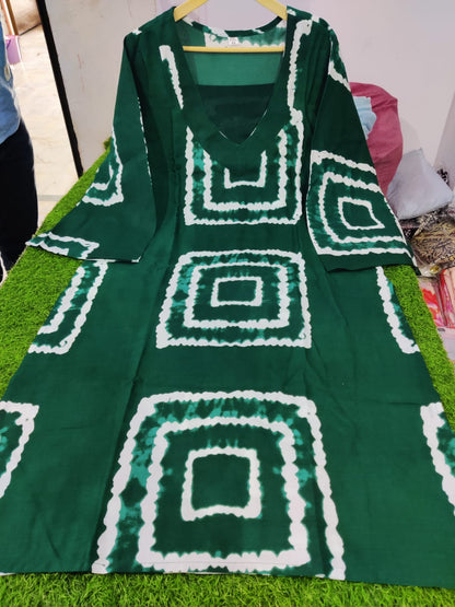 Bottle Green Tie-Dye Prosen Print Kurti Pant Set in Rayon Fabric