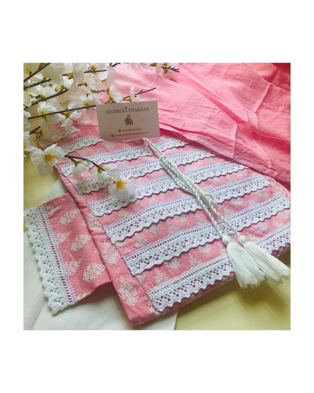 Rayon Print and Lace Work Kurti Set with Pant and Dupatta