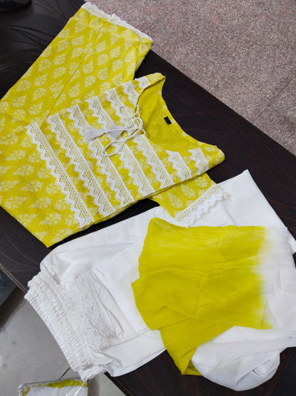 Rayon Print and Lace Work Kurti Set with Pant and Dupatta